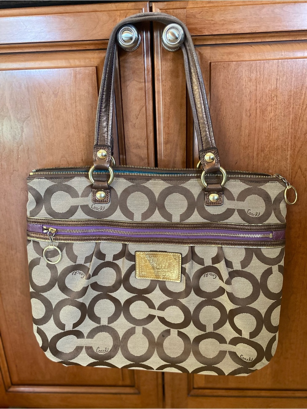 Coach Poppy Op Art Signature Tote with Purple Zip